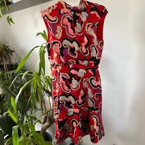 Saloni Silk floral dress, silk devore, mandarin collar, fluted sleeves Hot coral